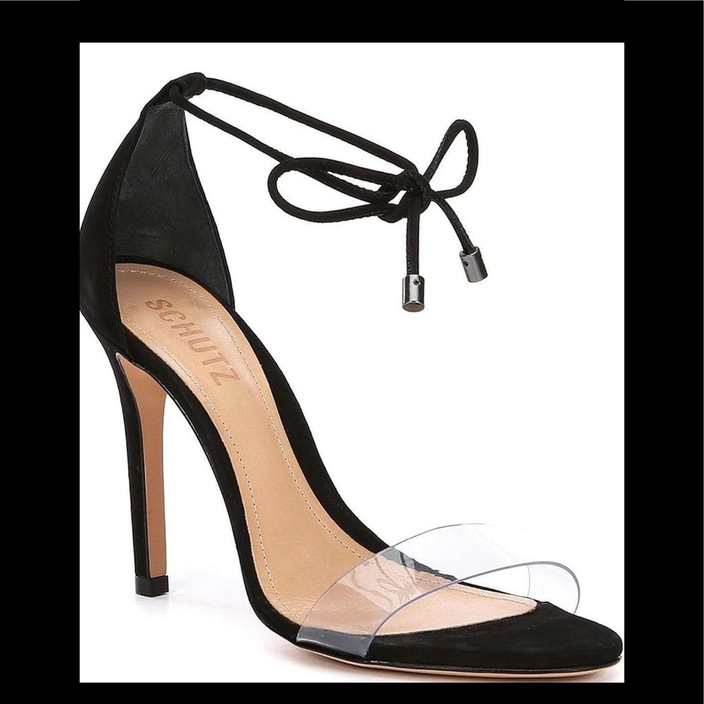 Schultz Jossena Leather & Clear Strap Ankle Wrap Dress Sandals size 8.5